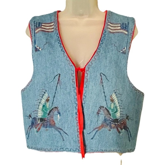VTG Patricia Wolf Denim Vest Size M Red Gingham Hand Painted American Indian - Picture 10 of 10